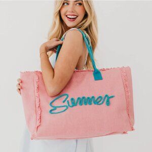 “Summer”‎ Rope Detail Pink & Teal Fringe Beach Tote Bag (NEW W/TAGS & SO CUTE!)